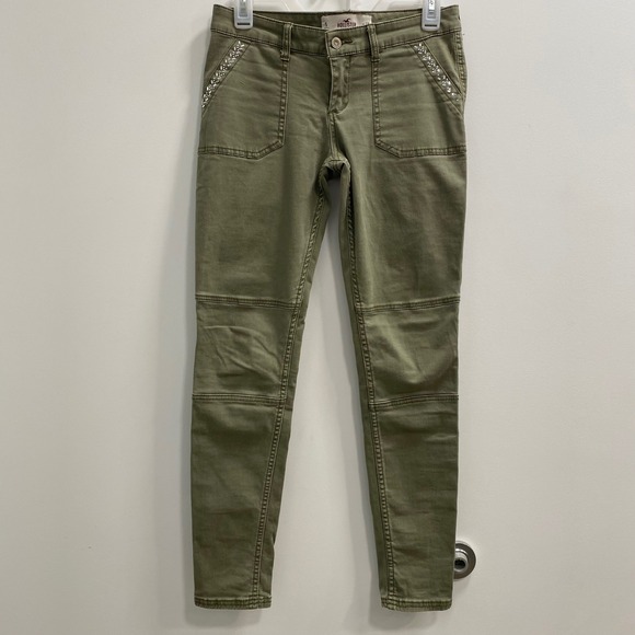 Hollister Pants - Hollister Jeans Womens 27 Olive Green Skinny Utility Rhinestone Embellished Y2K